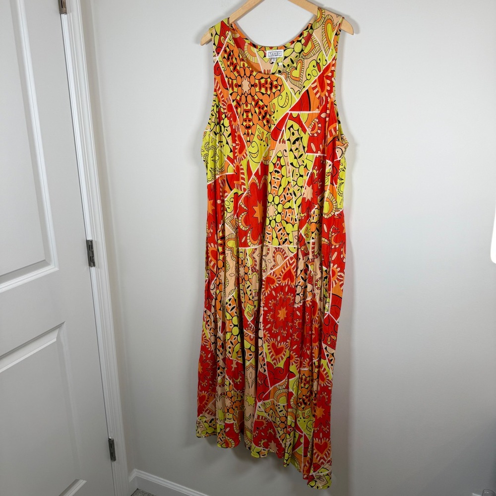 NEW Tamsy Colorful Vibrant One Size Rayon Maxi‎ Dress Abstract Print Sleeveless